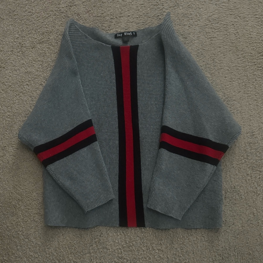 Gray Knit Top with Red & Black Stripe Detail